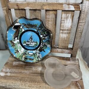 Vintage Walt Disney World Glass Ashtray And Candle Tray Set